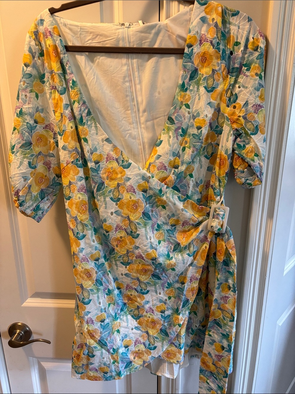Hello Molly Yellow Floral Wrap Mini Dress with Teal Accents